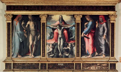 Treenighedens Triptykon: Sankt Cosimo (Kom eller Cosimo), Sankt Johannes Døberen, Treenigheden, Sankt Johannes Evangelisten og Sankt Damien. Indsæt "" INRI"" på krydset. Maleri af Domenico Beccafumi (1486-1551) af Domenico Beccafumi