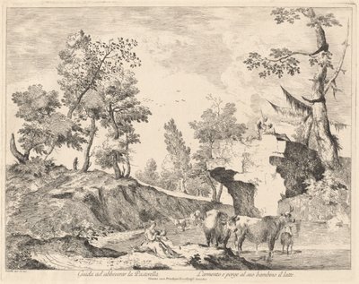 Landskab med hyrdinde og flok ved et vandhul af Domenico Bernardo Zilotti