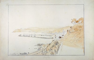 Porto Maurizio set fra Oneglia, ca 1859, af Pasquale Domenico Cambiaso (1811-1894), Italien Blyant og akvarel. af Domenico Cambiaso