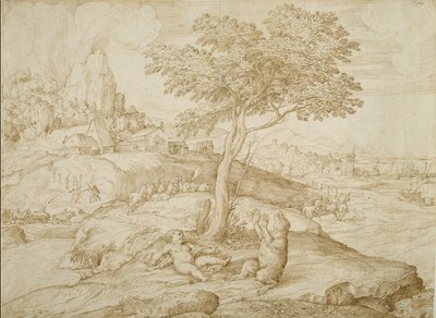 Callistos transformation til en bjørn efter fødslen til Arcas, ca. 1558 (pen & brunt blæk på cremepapir) af Domenico Campagnola