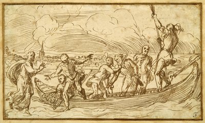 Kristus og Sankt Peter på vandet (pen og brun blæk på papir) af Domenico Campagnola