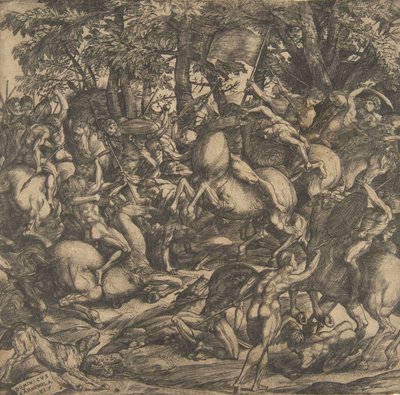Gruppe af nøgne mænd engageret i kamp i et skovklædt landskab, nogle på hesteryg, en hund på..., 1517. af Domenico Campagnola