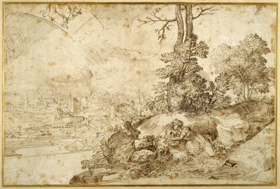Landskab med astrologi (pen og brunt blæk på papir) af Domenico Campagnola