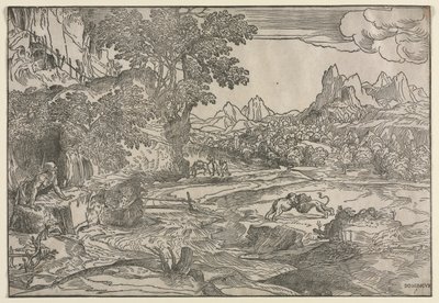 Landskab med Sankt Hieronymus og to løver af Domenico Campagnola