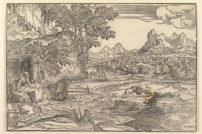 Landskab med Sankt Hieronymus til venstre, der ser mod løve og bjørn, der kæmper ved cente..., ca. 1530-35. af Domenico Campagnola
