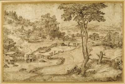 Landskab med en snoet flod (pen og brunt blæk på hvidt papir) af Domenico Campagnola