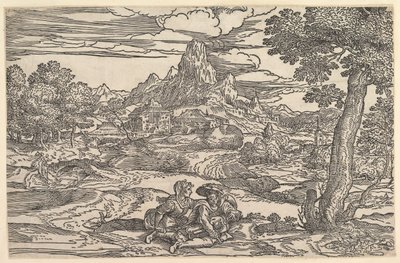 Landskab med en kvinde siddende ved siden af en mand, der spiller en drej, ca. 1540. af Domenico Campagnola