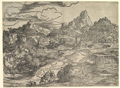 Landskab med familie gående sammen i forgrunden, til venstre to figurer med ..., ca. 1535-40. af Domenico Campagnola