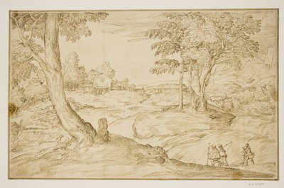 Landskab med pilgrimme, der nærmer sig en kirke af Domenico Campagnola