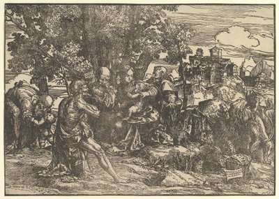 Maria sad under træer med baby, flankeret af Joseph til venstre og St. Hieronymus til højre, St..., 1517. af Domenico Campagnola