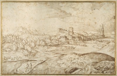 Bjerget landskab med en flod og en befæstet by med et tårn med spir (pen og brunt blæk på hvidt papir) af Domenico Campagnola