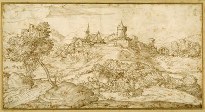 Bjergrigt landskab med en bjergomgivet by: en hyrde tiltalt, mens han passer sin flok i forgrunden (pen og brunt blæk på papir) af Domenico Campagnola
