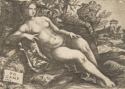 Nøgen kvinde Venus tilbagelænet i et landskab, 1517. af Domenico Campagnola