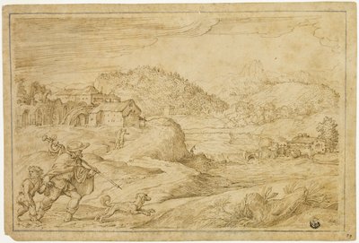 Flodlandskab med Saint Roch og et barn, der rejser med hund af Domenico Campagnola