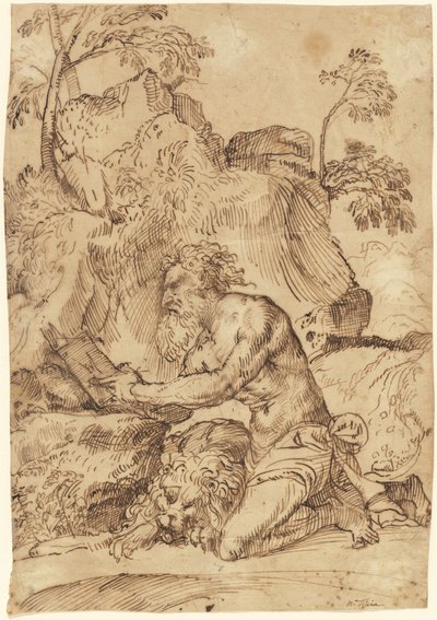 Sankt Jerome læser i ørkenen af Domenico Campagnola