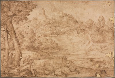 Sankt Hieronymus i et landskab, ca. 1530. af Domenico Campagnola