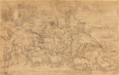 Hyrde, der spiller på fløjte og leder sin flok af Domenico Campagnola