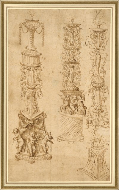 Studier af tre lysestager af Domenico Campagnola
