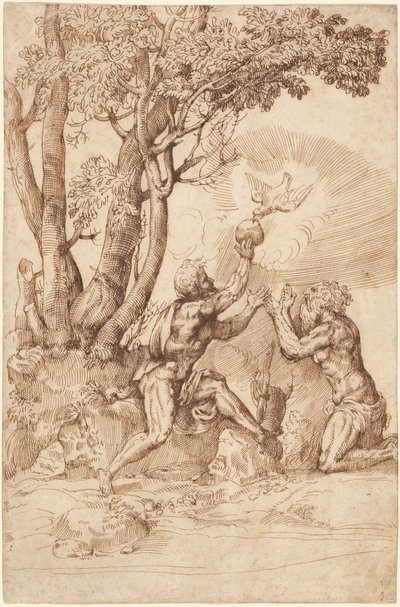 Eremiternes hellige Paul og Anthony modtager brød fra en due af Domenico Campagnola