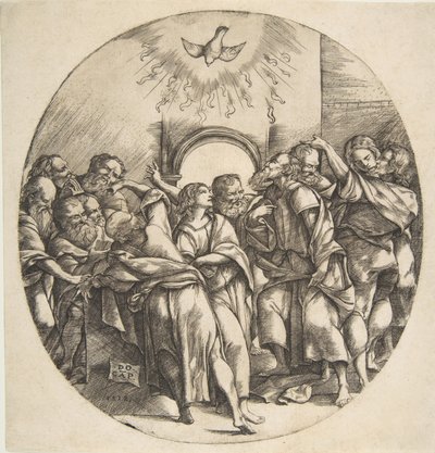 Helligånden som en fugl, der stiger ned med spredte vinger øverst i midten, de tolv apostle ..., 1518. af Domenico Campagnola