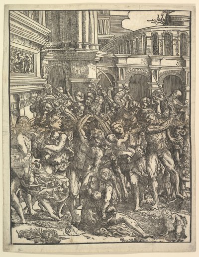 The Massacre of the Innocents Højre side med en gruppe af mandlige skikkelser, der angriber kvinder og ..., 1517. af Domenico Campagnola