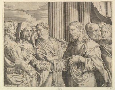 Hyldestpengene: Kristus i midten til højre og gestikulerer til manden til venstre med mønter ..., ca. 1564-89. af Domenico Campagnola