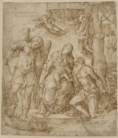 Jomfruen og barnet med de hellige Michael og Hieronymus, ca. 1520-25 af Domenico Campagnola
