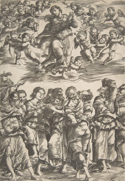 Jomfruen øverst i midten i skyer med foldede hænder og højre fod hævet, omgivet af..., 1517. af Domenico Campagnola