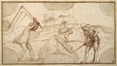 To bønder, der tærsker (pen og brunt blæk med brun vask på papir) af Domenico Campagnola