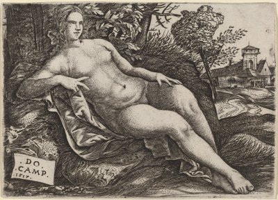 Venus liggende i et landskab af Domenico Campagnola