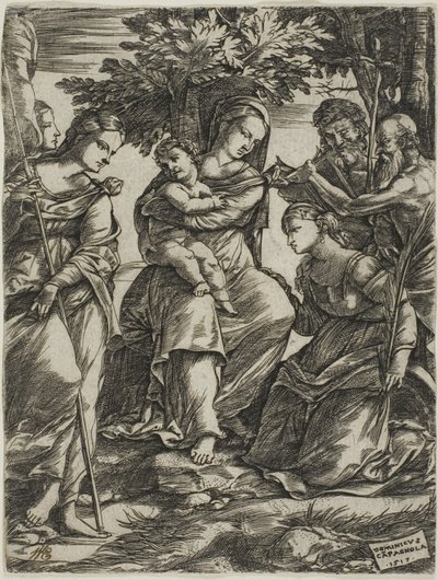 Jomfru og barn med hellige af Domenico Campagnola
