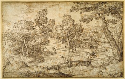 Skovklædt landskab med en bondegård og en træbro over en sluse (pen og brunt blæk på papir) af Domenico Campagnola