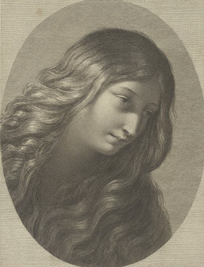 Hovedet af Maria Magdalene ser ned til højre, i en oval ramme, efter Ren..., ca. 1745-1803. af Domenico Cunego
