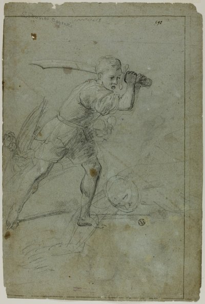 David halshugger Goliat (rekto); Skitse af draperet kvindefigur med højre arm hævet over hovedet (verso) af Domenico Fiasella