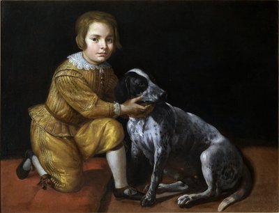 Portræt af en dreng med en hund. af Domenico Fiasella