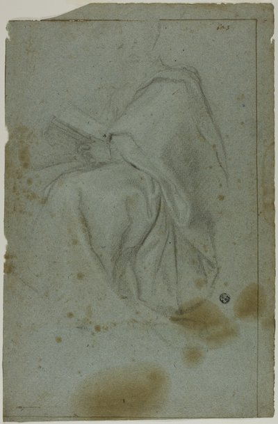 Siddende draperet Mandsfigur med Bog (recto); To siddende kvinder med skitse af venstre hånd (verso) af Domenico Fiasella
