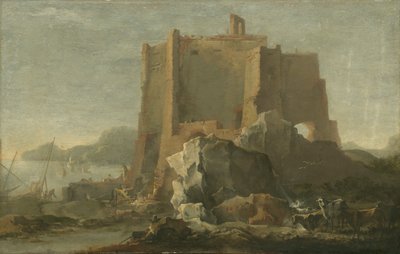 Landskab med klippe og fæstning, ca.1640-50 af Domenico Gargiulo