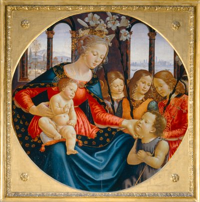Jomfruen og barnet med den unge Johannes Døberen og tre engle ... af Domenico Ghirlandaio