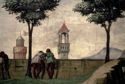 Mænd, der kigger over en mur, fra visitationen af Domenico Ghirlandaio