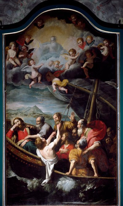 Sankt Nikolaus dæmper stormen. Maleri af Domenico Fiasella dit il Sarzana (1589-1669) Sestri Ponente, Santa Maria dell