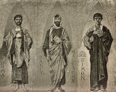 Saints Thomas, Mathew og Simon, tegnefilm af Domenico Morelli til mosaik i Amalfi-katedralen, Italien, tegning af P Scoppetta, gravering fra L