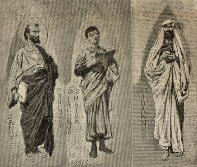 Sints Paul, James den Store og Johannes, tegnefilm af Domenico Morelli til mosaikken af Amalfi-katedralen, Italien, tegning af P Scoppetta, gravering fra L