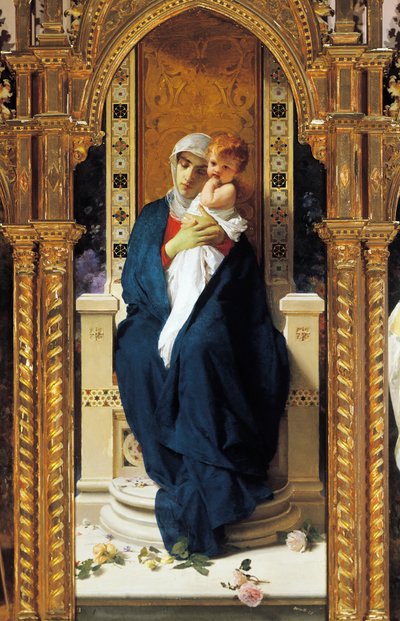 Tryptykon af Madonna af Roser, af Domenico Morelli (1823-1901), Detalje, Saint Augustine-kapellet, Corigliano Calabro-slottet, Calabrien, Italien af Domenico Morelli