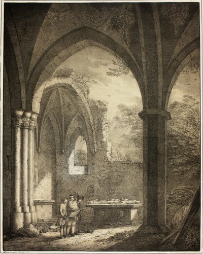 Ruin af Vor Frue Kirke med Genevieves og Pfalzgreven Siegfrieds gravsten i Moseldalen nær Andernach, fra samling af mindeværdige middelalderbygninger i Tyskland af Domenico Quaglio