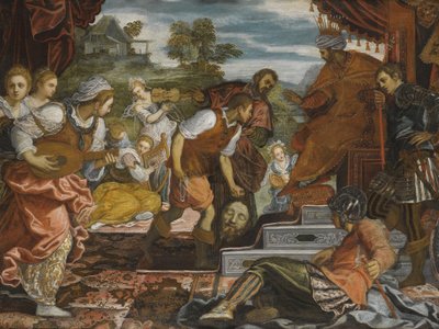 Davids triumf par Tintoretto, Domenico (1560-1635). Olie på lærred, størrelse: 96,8x131, , Privat samling af Domenico Robusti Tintoretto