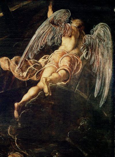 Jesu Kristi nedstigning til limbo Detalje af en engel. Maleri af Jacopo Robusti detto il Tintoretto (Tintoret af Domenico Robusti Tintoretto