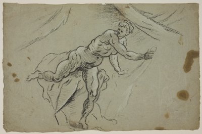 Nøgen kvinde med et stykke stof i hænderne, der hastigt forlader et telt af Domenico Tintoretto