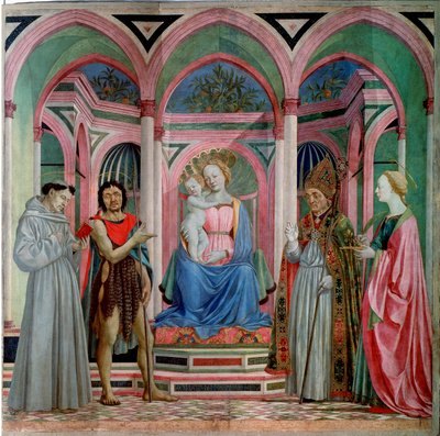 Altertavle af Santa Lucia dei Magnoli: Madonna og barn med Saint Lucia, Saint Francois, Johannes Døberen og Saint Zanobi (Zenobie) Detrempe på træ af Domenico Veneziano (Domenico di Bartolomeo) (begyndende 15. århundrede-1461) 1455 ca. Sol. 209 x 213 c af Domenico Veneziano