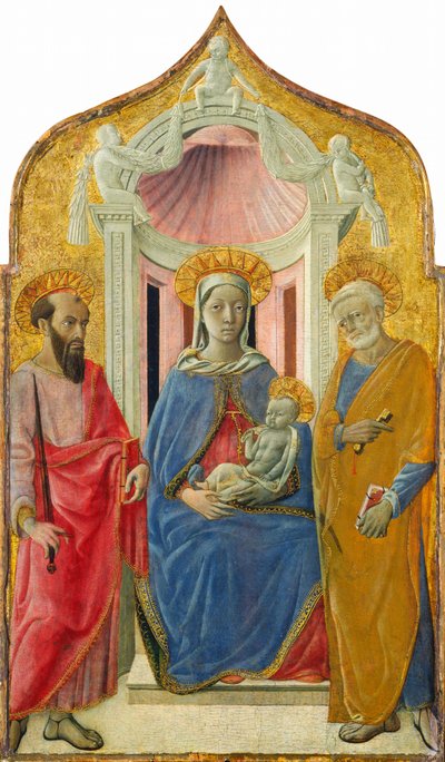 Madonna og barn troner med Sankt Peter og Sankt Paul, ca. 1430 (tempera () på panel) af Domenico di Bartolo