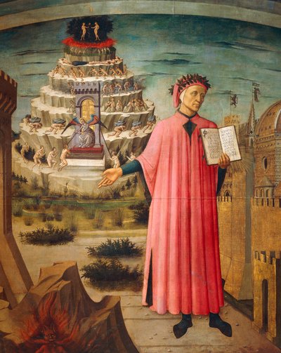 Dante Alighieri med guddommelig komedie i hånden og skærsildsbjerge i baggrunden, detaljer fra guddommelig komedie, af Dante Alighieri (1265-1321), af Domenico di Michelino (1417-1491), fresko, Basilica of Saint Mary of Flower, Firenze. Italien, 1465 af Domenico di Michelino